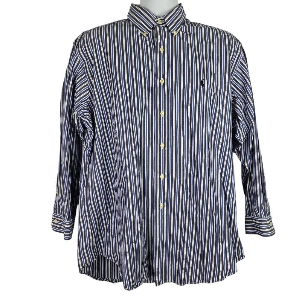 Ralph Lauren Yarmouth 100% Cotton Striped BlueandWhite Men'sShirt Size16.5/32-33